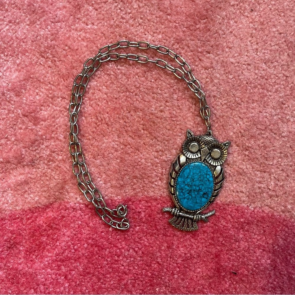 Owl Statement Necklace Faux Turquoise Boho Indie Chain